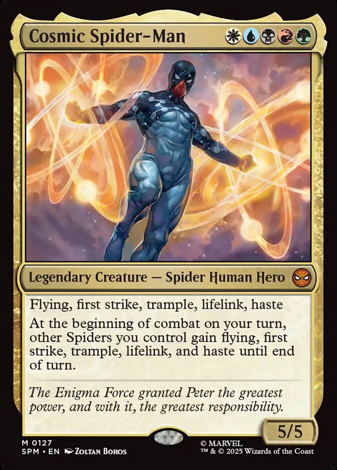 MTG Commander Deck with Cosmic Spider-Man card, featuring 100 Magic cards, themed for casual play, custom-built by Moonveil Games.