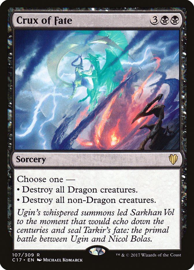 MTG Commander Deck featuring Crux of Fate card, depicting a dragon battle, part of a custom 100-card Reaper King Changelings deck from Moonveil Games.