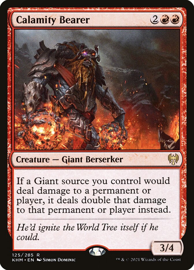 Magic: The Gathering card 'Calamity Bearer' from Kaldheim set, featuring a fiery giant, part of MTG Commander Deck EDH Deck Reaper King 100 Magic Cards Custom Deck Changelings.