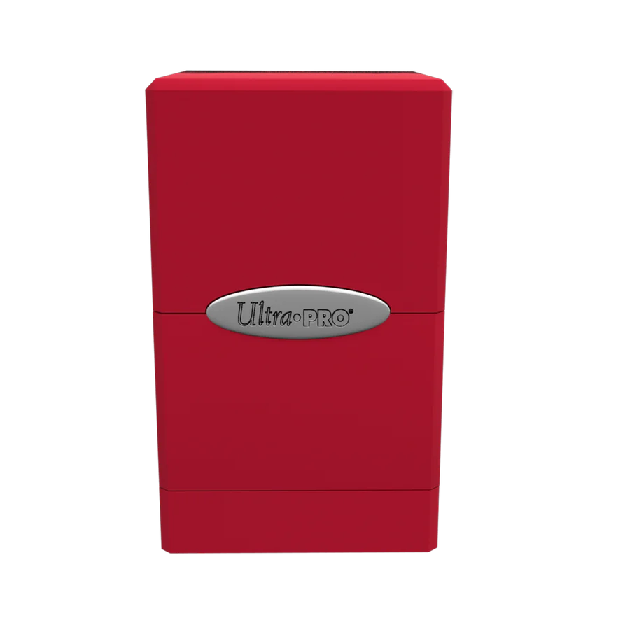 Ultra PRO: Satin Tower: Apple Red Deck Box, durable for 100+ cards, features snap-fit lock and bottom compartment for dice or counters.