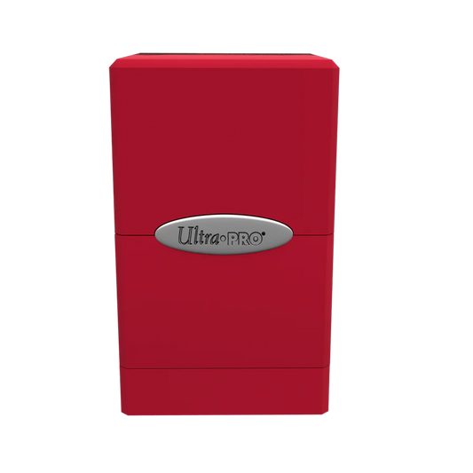Ultra PRO: Satin Tower: Apple Red Deck Box, durable for 100+ cards, features snap-fit lock and bottom compartment for dice or counters.
