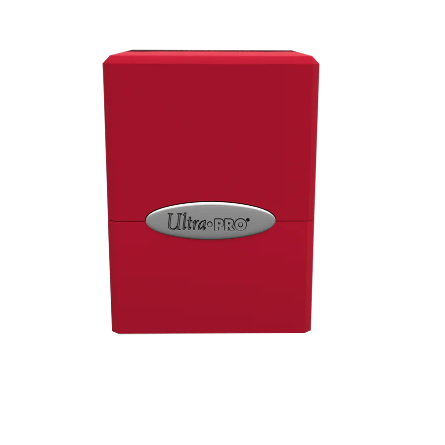 Ultra PRO: Satin Cube: Apple Red Deck Box securely holds 100+ trading cards, featuring a durable plastic design and snap-fit locking mechanism for premium protection.