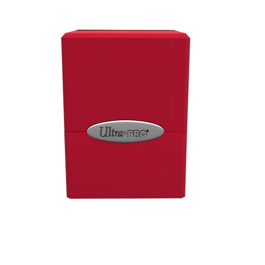 Ultra PRO: Satin Cube: Apple Red Deck Box securely holds 100+ trading cards, featuring a durable plastic design and snap-fit locking mechanism for premium protection.