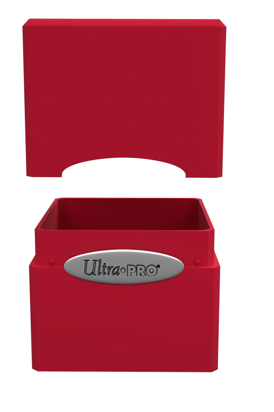 Ultra PRO: Satin Cube: Apple Red Deck Box with lid floating above, designed for secure storage of 100+ trading cards, featuring durable snap-fit locking and satin finish.