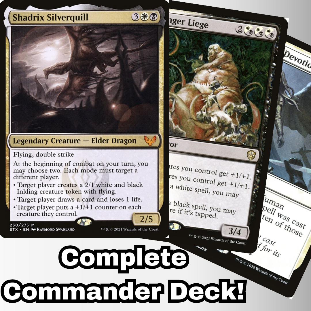 Shadrix Silverquill Commander Deck EDH 100 Magic Cards Custom Deck MTG Tokens Orzhov, featuring Shadrix card, promoting a ready-to-play, hand-assembled casual deck.