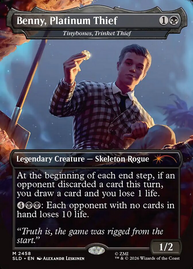 Custom Magic: The Gathering card, Benny, Platinum Thief, features a skeleton rogue holding a coin under moonlight. Part of a custom EDH deck by Moonveil Games.