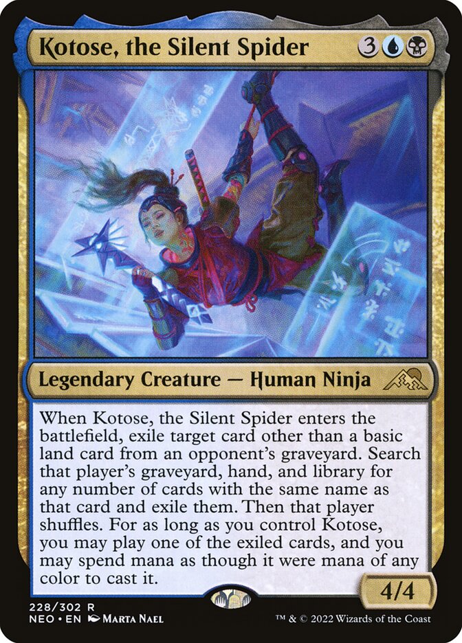 MTG Commander EDH Deck with Splinter, Radical Rat and Kotose, the Silent Spider, featuring 100 custom Ninja and TMNT-themed Magic cards by Moonveil Games.