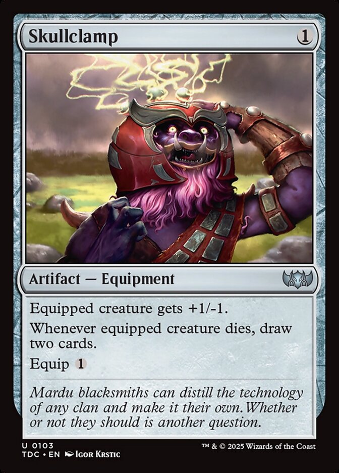 Skullclamp MTG card from the custom-built Commander Rat Deck by Moonveil Games, featuring Karumonix, the Rat King for EDH play.