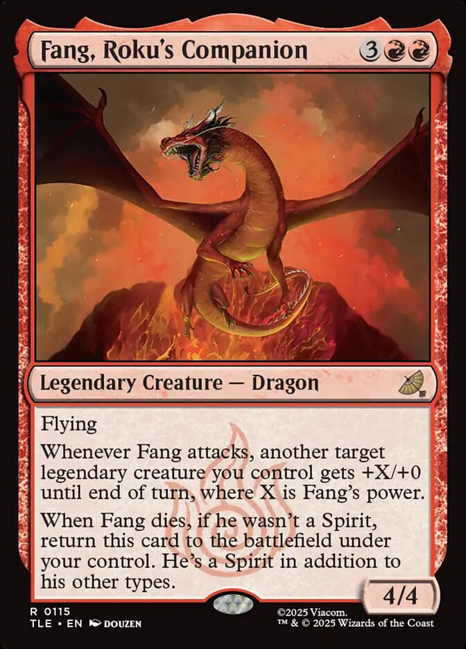 MTG Commander Deck featuring Fang, Roku’s Companion card, red dragon art, part of custom-built Aurelia, the Warleader 100 Magic Cards deck by Moonveil Games.
