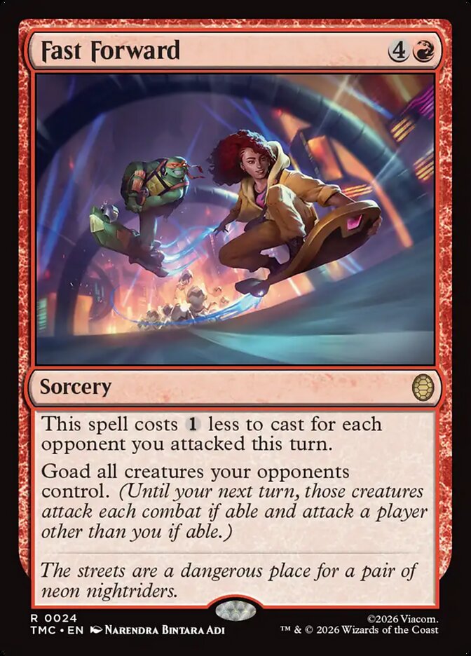 MTG Commander Deck featuring Saruman, the White Hand, includes the Fast Forward card with April O’Neil and Michelangelo on hoverboards in a neon cityscape.