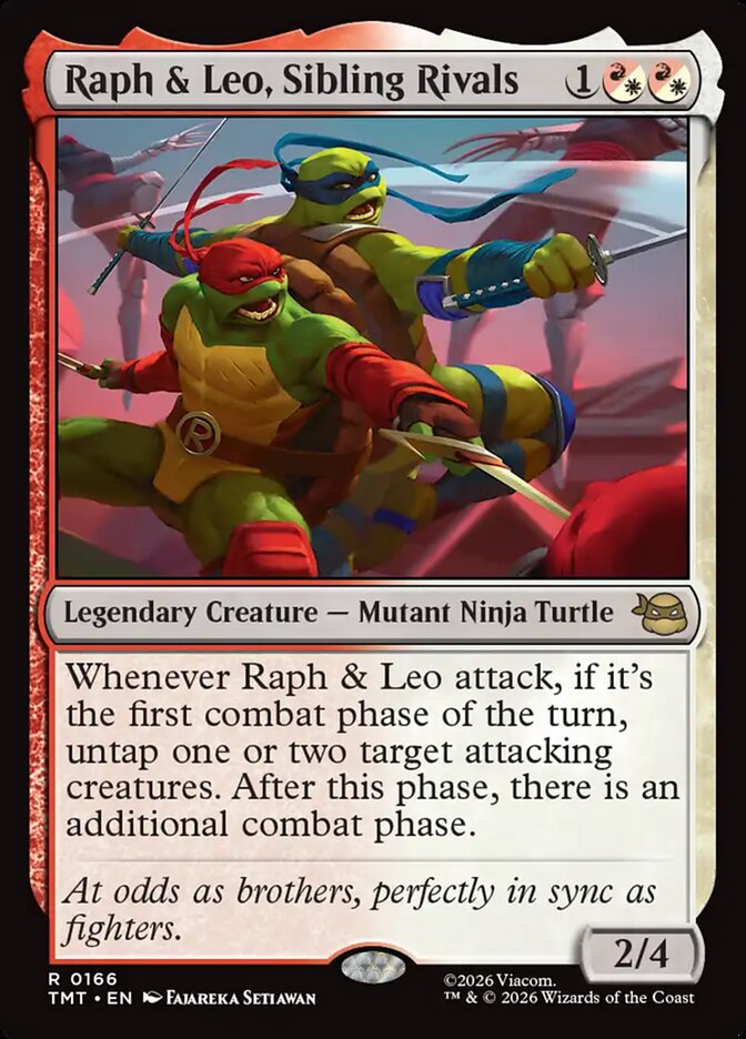 MTG Commander deck featuring “Raph & Leo, Sibling Rivals” card; Legendary Mutant Ninja Turtle duo ready for combat, ideal for casual EDH play from Moonveil Games.