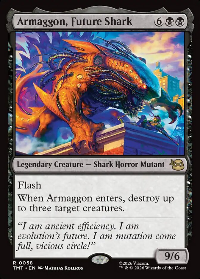 Magic: The Gathering card Armagagon, Future Shark, part of a custom-built Commander deck by Moonveil Games, featuring the TMNT crossover set.