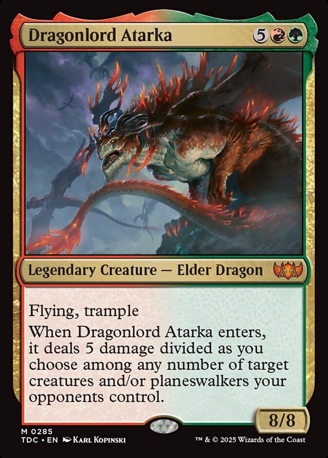MTG Commander EDH Deck featuring Dragonlord Atarka, showcasing a custom 100-card Gruul deck by Moonveil Games for casual play.
