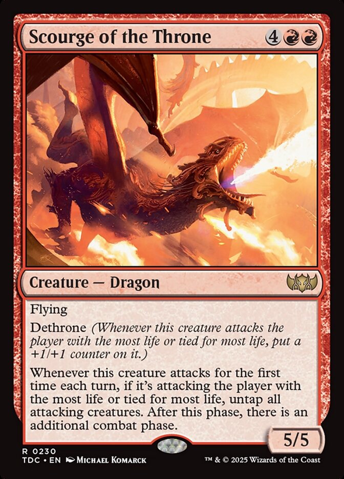 MTG Commander EDH Deck featuring Raph & Mikey, includes Scourge of the Throne Dragon card, part of a custom 100-card Gruul TMNT-themed deck by Moonveil Games.