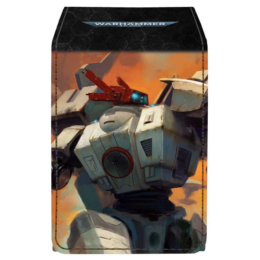 Ultra PRO Alcove Flip: Warhammer 40,000: T'au Empire Deck Box featuring a battlesuit against a fiery sky, with secure magnetic closure and easy deck access.