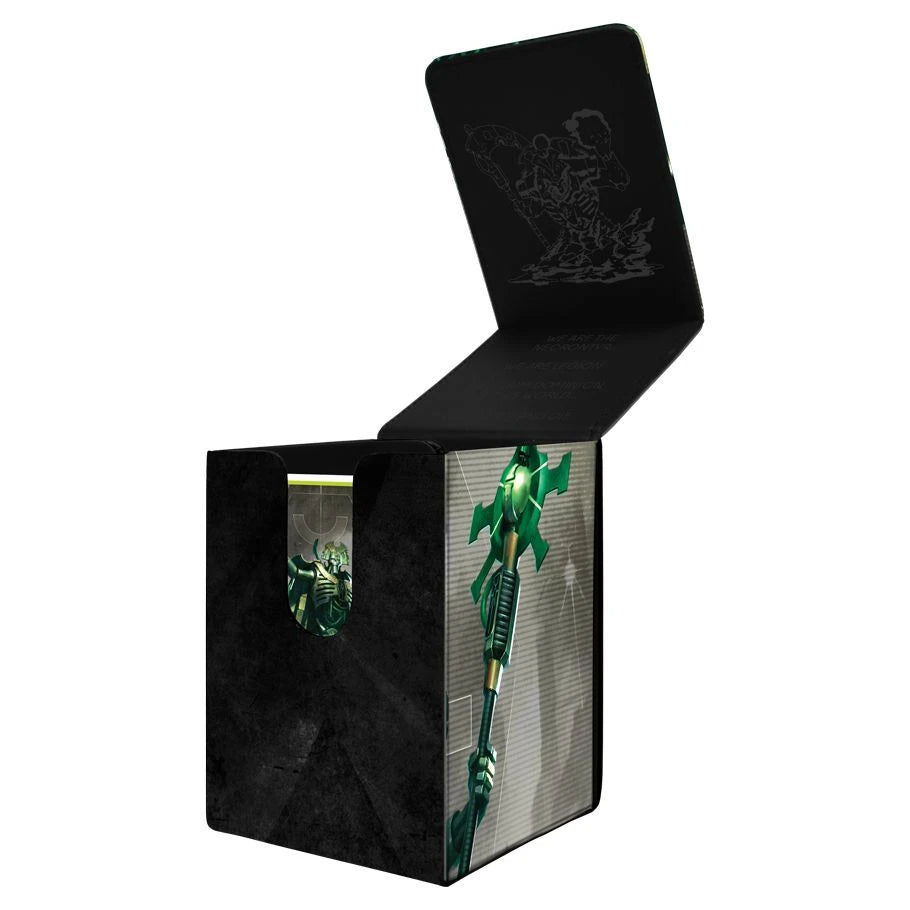 Ultra PRO Alcove Flip: Warhammer 40,000: Necron Deck Box with black, green mechanized-skeleton artwork, open lid showing interior design, holds 100 double-sleeved cards securely.