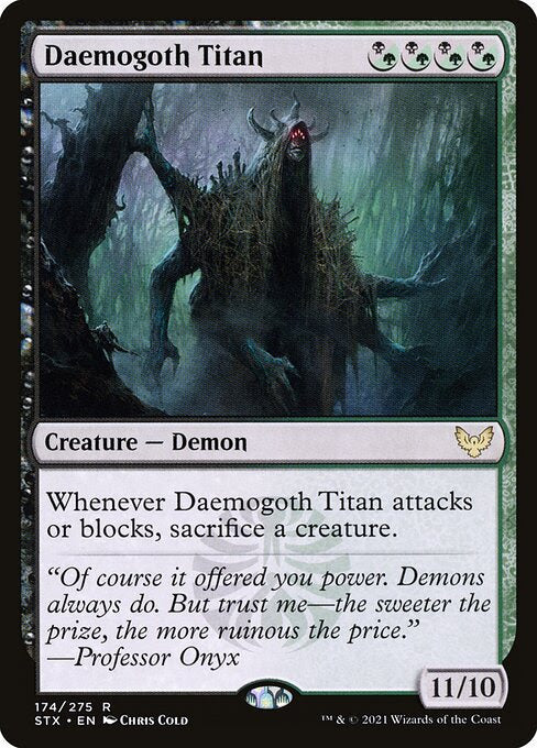 MTG Commander Deck featuring Daemogoth Titan from Strixhaven, part of a custom-built 100-card Golgari Sacrifice deck by Moonveil Games for casual play.