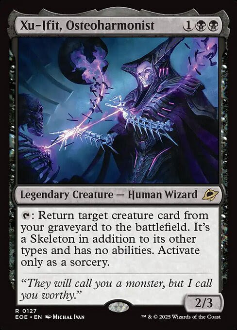 Xu-Iffit card from MTG Commander Deck, featuring a robed wizard reanimating a skeleton, part of Moonveil Games' custom 100-card EDH deck.