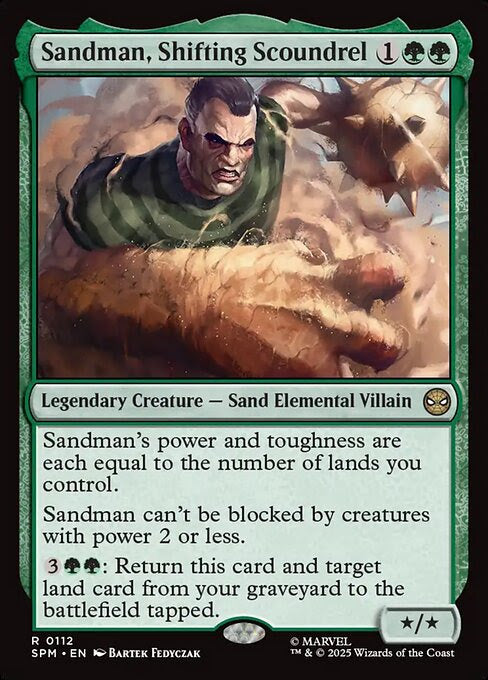 MTG Commander Deck featuring Sandman, Shifting Scoundrel card, showcasing a sand elemental villain in action, part of Moonveil Games' custom-built EDH collection.