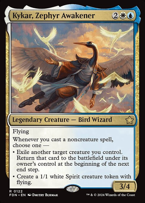 MTG Commander Deck featuring Kykar, Zephyr Awakener, a 100-card custom EDH deck with blink/flicker strategy. Includes authentic cards for casual play.