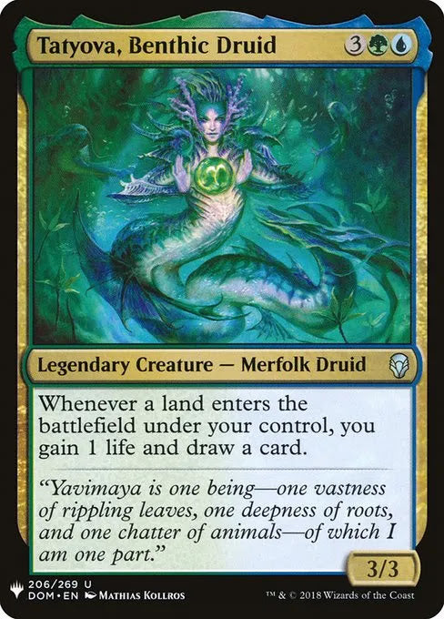 MTG Commander deck featuring Tatyova, Benthic Druid card, custom-built by Moonveil Games for casual play, emphasizing landfall and card draw mechanics.