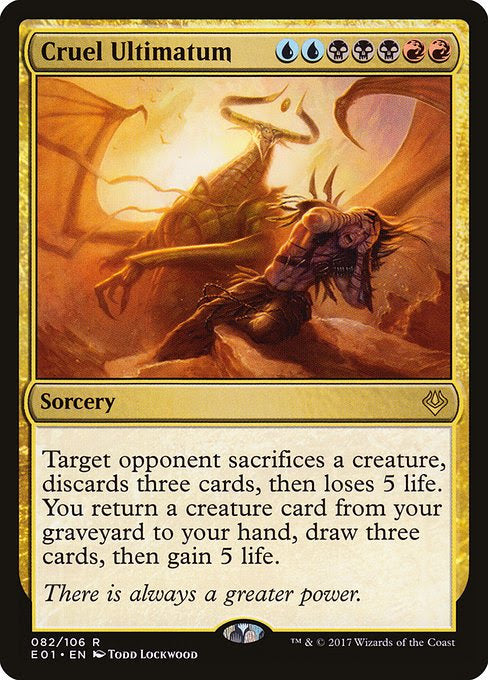 Magic: The Gathering card Cruel Ultimatum from Eternal Masters set, featuring a demonic figure, included in a custom Grixis Commander deck by Moonveil Games.