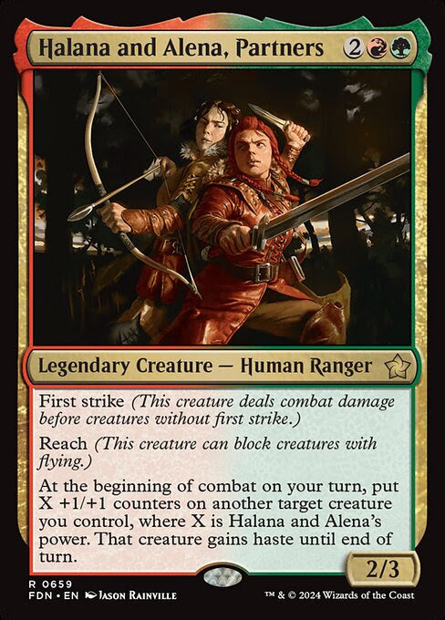 Magic: The Gathering card “Halana and Alena, Partners” from a custom-built EDH deck by Moonveil Games, featuring legendary human rangers in a wooded scene.