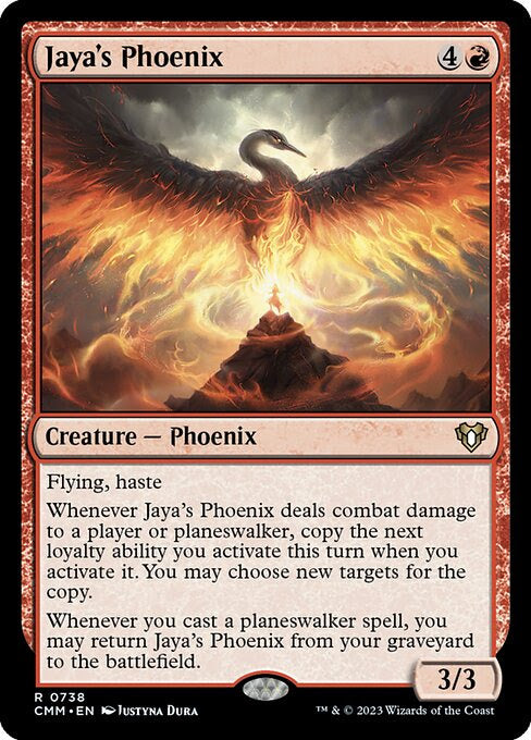 MTG Commander Deck featuring Jaya’s Phoenix, a custom 100-card EDH deck with Minsc & Boo, Timeless Heroes, crafted by Moonveil Games for casual play.