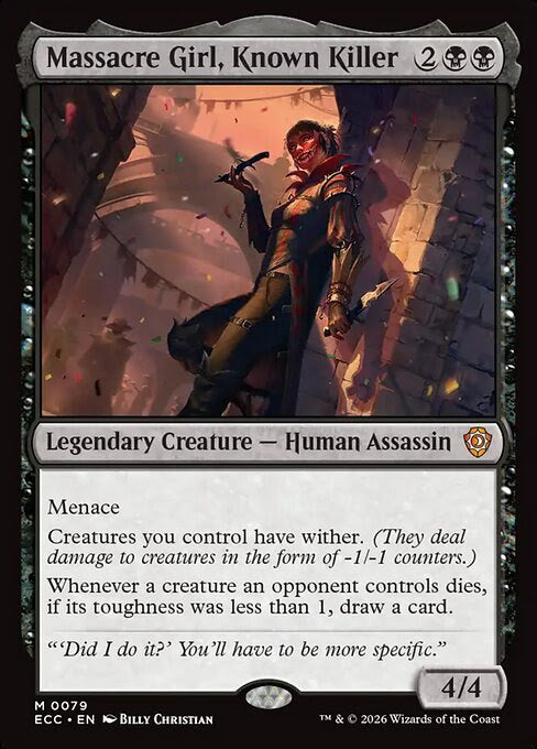 Custom Magic: The Gathering Commander deck featuring Massacre Girl, Known Killer card, crafted by Moonveil Games for casual play, includes 100 Magic cards.