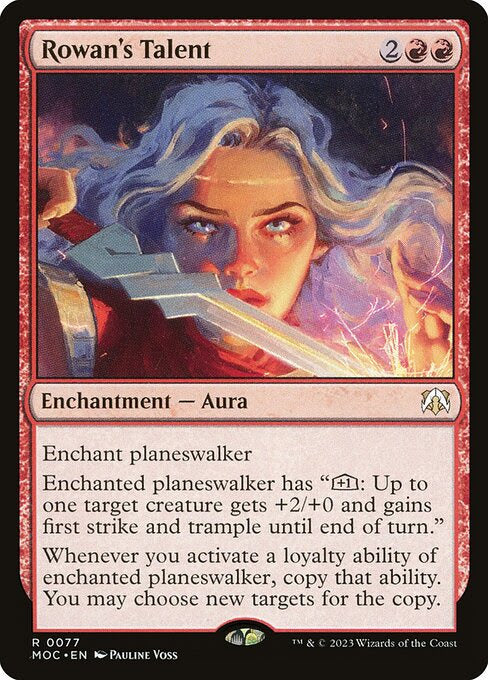MTG Commander Deck featuring Rowan's Talent Aura card, showcasing a fiery-haired planeswalker with a glowing sword, part of Moonveil Games' custom-built 100-card Gruul deck.