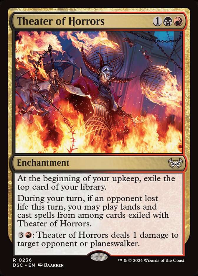 Magic: The Gathering card Theater of Horrors from the custom MTG Commander EDH Deck Valgavoth, featuring a demonic figure amid flames, enhancing a Rakdos theme.