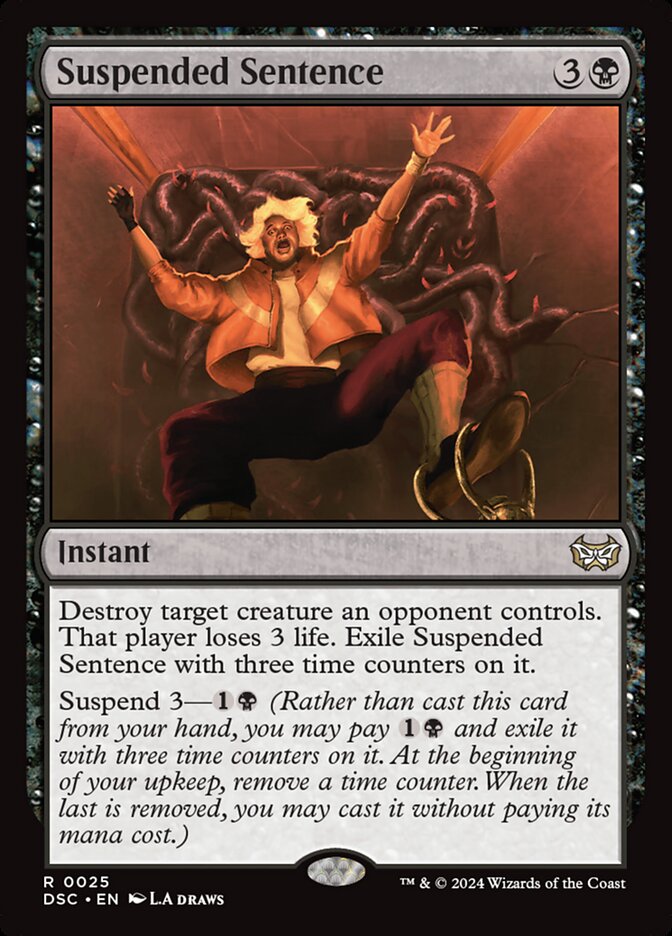 MTG Commander EDH Deck Valgavoth, Harrower of Souls includes the rare card “Suspended Sentence,” depicting a figure caught in dark forces, enhancing casual play strategy.