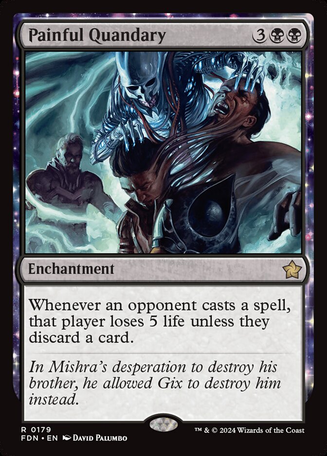 Magic: The Gathering card Painful Quandary from the MTG Commander EDH Deck Valgavoth, featuring Gix tormenting mortals, part of Moonveil Games' custom Rakdos deck.
