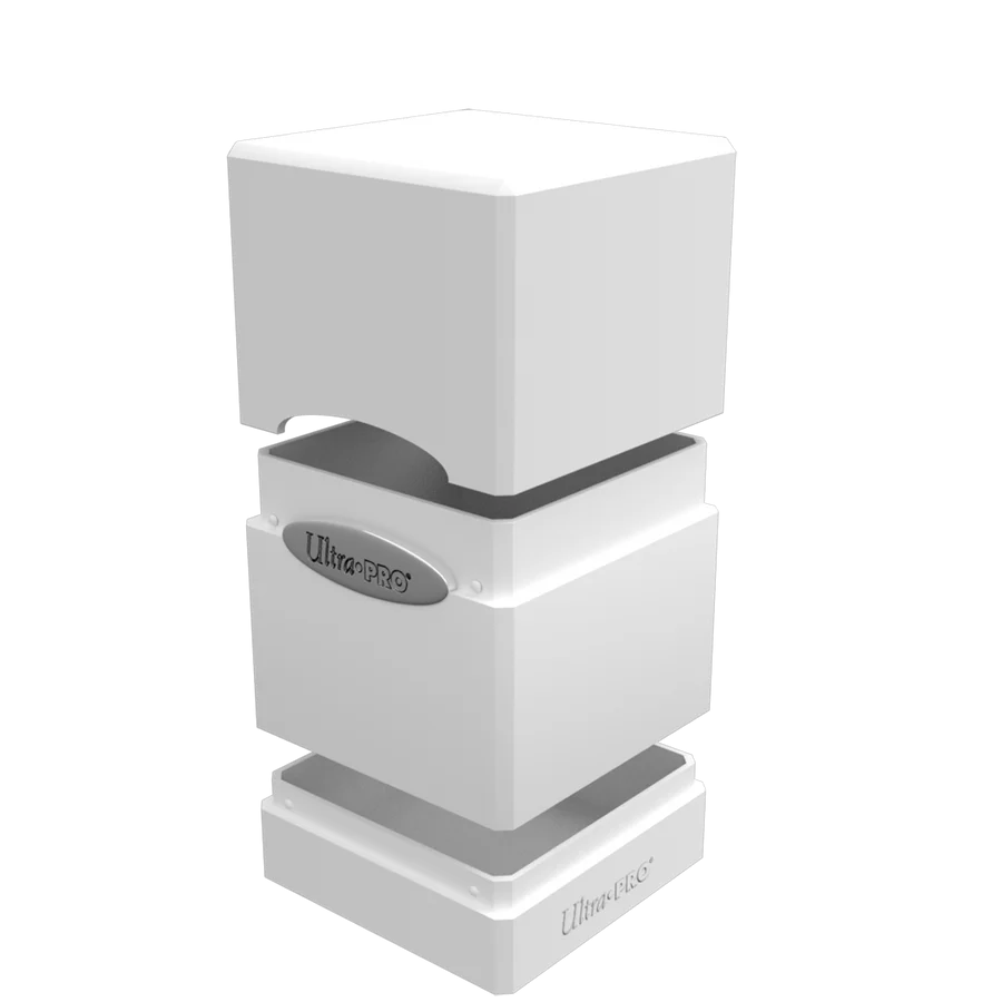 Ultra PRO: Satin Tower: Arctic White Deck Box, stackable plastic storage for 100+ cards with snap-fit lid, middle card section, and dice compartment, ideal for trading card games.