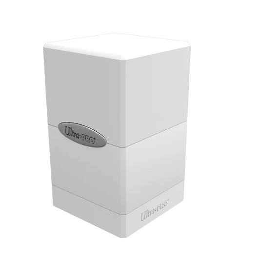 Ultra PRO: Satin Tower: Arctic White Deck Box, durable plastic, holds 100+ cards, includes a bottom compartment, snap-fit lock, ideal for trading card protection.