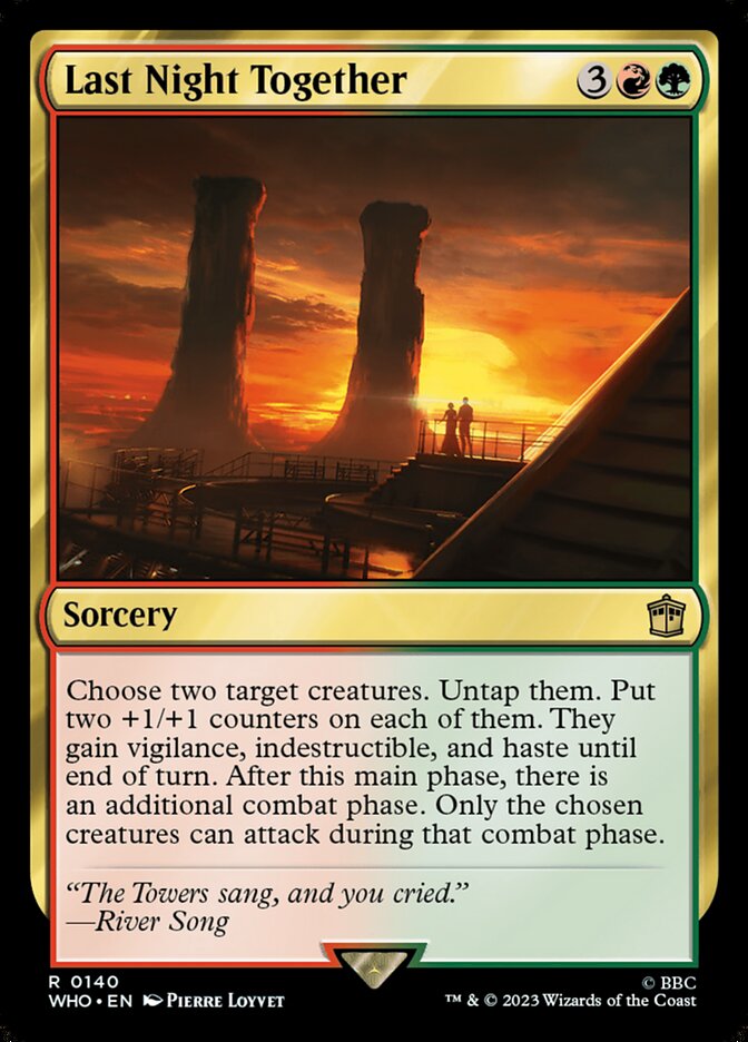 Magic: The Gathering card Last Night Together from Doctor Who set; part of Moonveil Games' MTG Commander Deck: Slinza, the Spiked Stampede, 100-card Beast Deck.