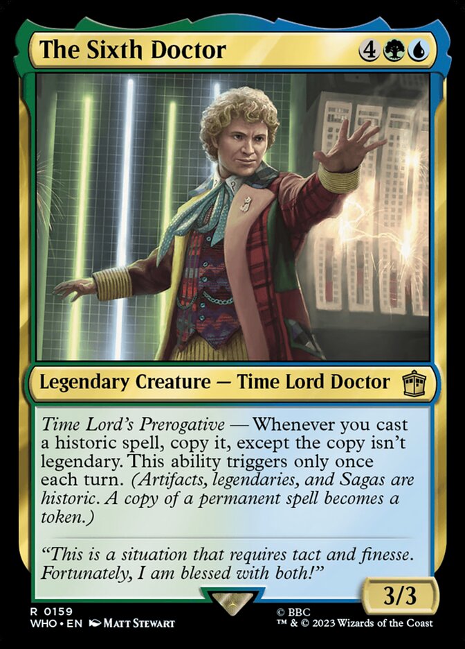 Custom MTG card The Sixth Doctor in a Spider-Man-themed Commander deck by Moonveil Games, featuring Colin Baker's Doctor Who illustration.