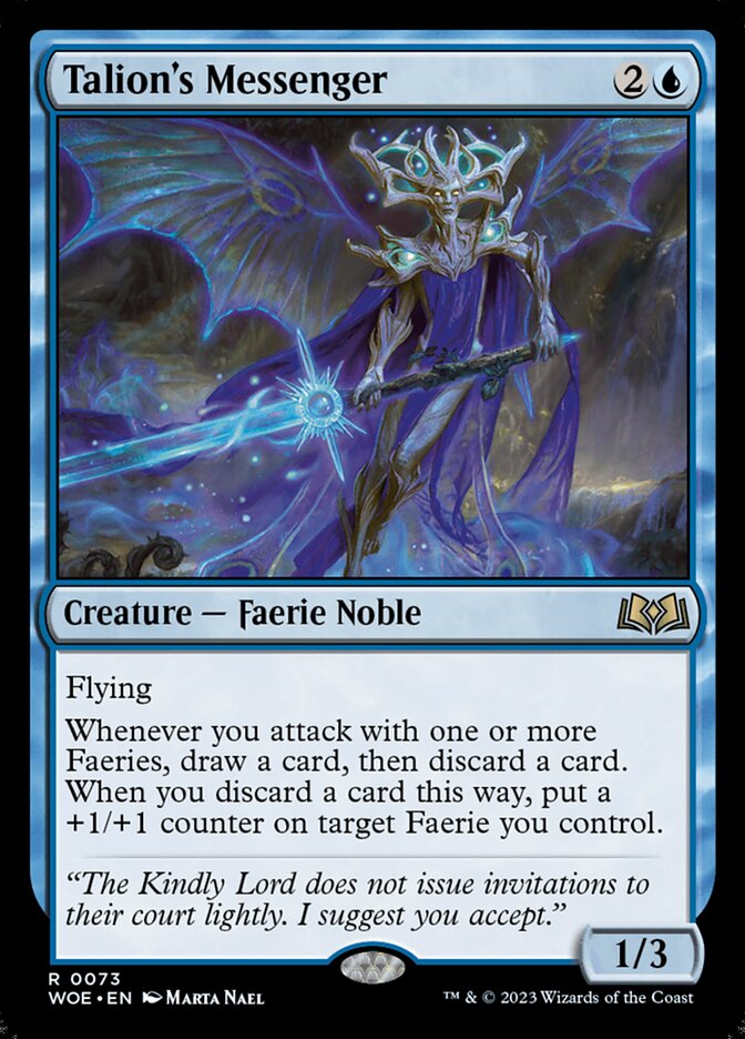 MTG Commander Deck featuring Talion’s Messenger, includes 100 custom Magic cards with elves and faeries theme, perfect for casual EDH play by Moonveil Games.
