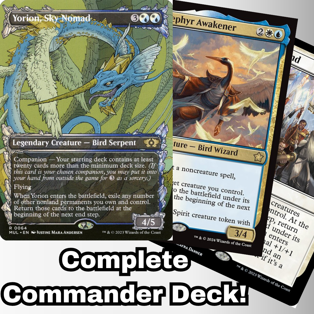 MTG Commander Deck featuring Yorion, Sky Nomad, emphasized in a dynamic collage with winged creatures, promoting Moonveil Games' custom 100-card Blink Flicker deck.